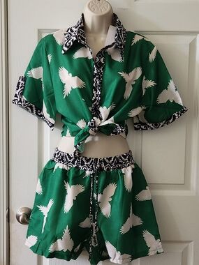 Endless Moon Green Bird Print Two-Piece Set